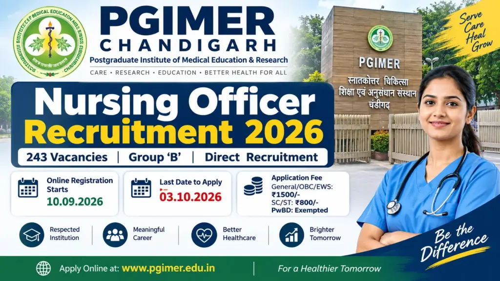 Chandigarh PGI Nursing Vacancy 2026: Apply before 03 Oct 2026