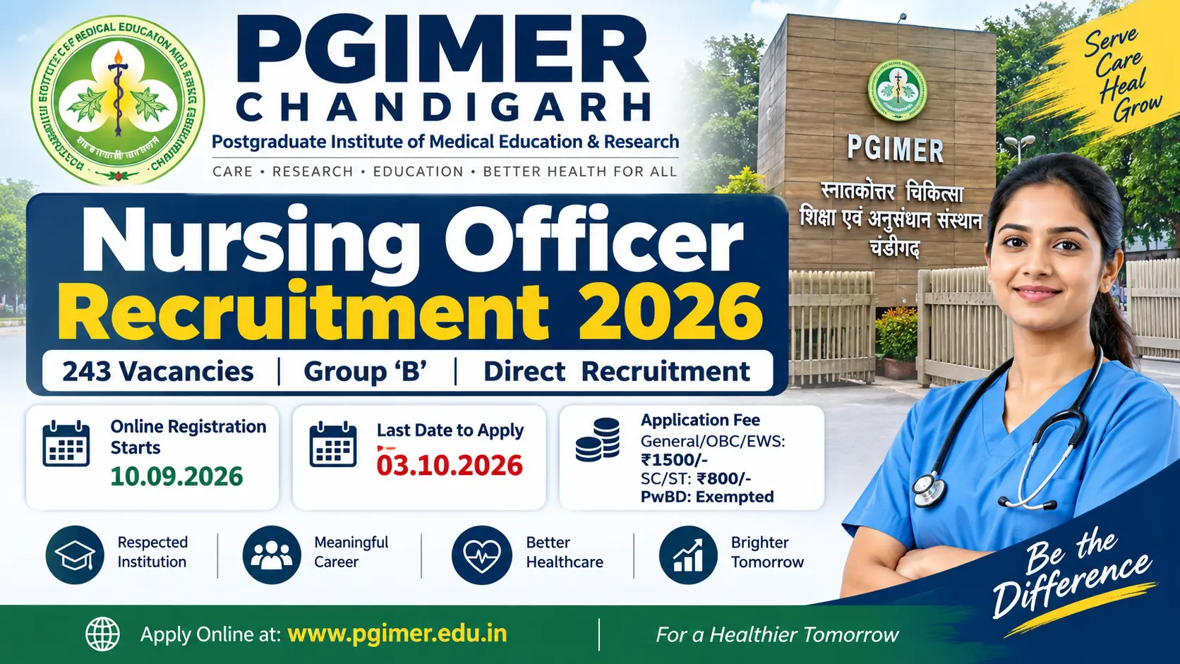Chandigarh PGI Nursing Vacancy 2026: Apply before 03 Oct 2026